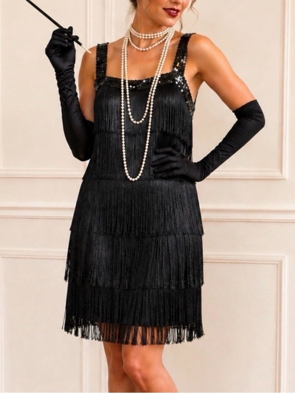 🎃 Black Sequin Fringe Flapper Dress 1920s Gatsby M 10/12
